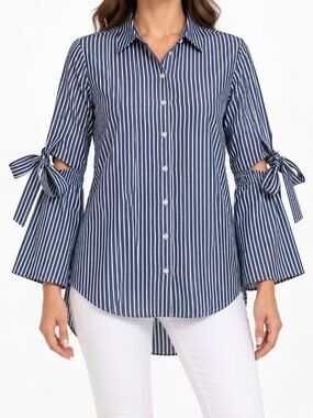Star Style Blue White Striped Tie Sleeve Button Down Blouse Size L NWT